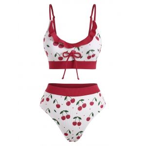 

Cherry Print Ribbed Frilled Tie Tankini Swimwear, Red