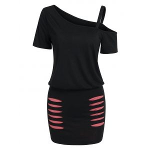 

Ripped Skew Neck Blouson Dress, Black