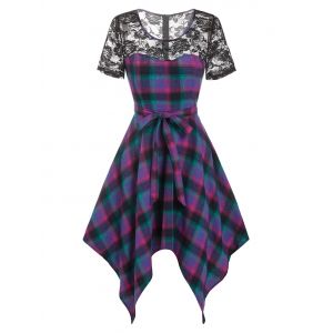 

Lace Insert Self Tie Plaid Handkerchief Dress, Purple