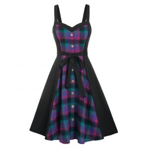 

Sleeveless Mock Button Plaid Print Belted Dress, Black