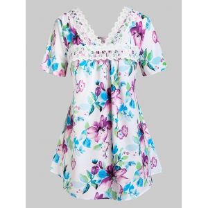 

Plus Size Floral Print Lace Panel Tee, Multi