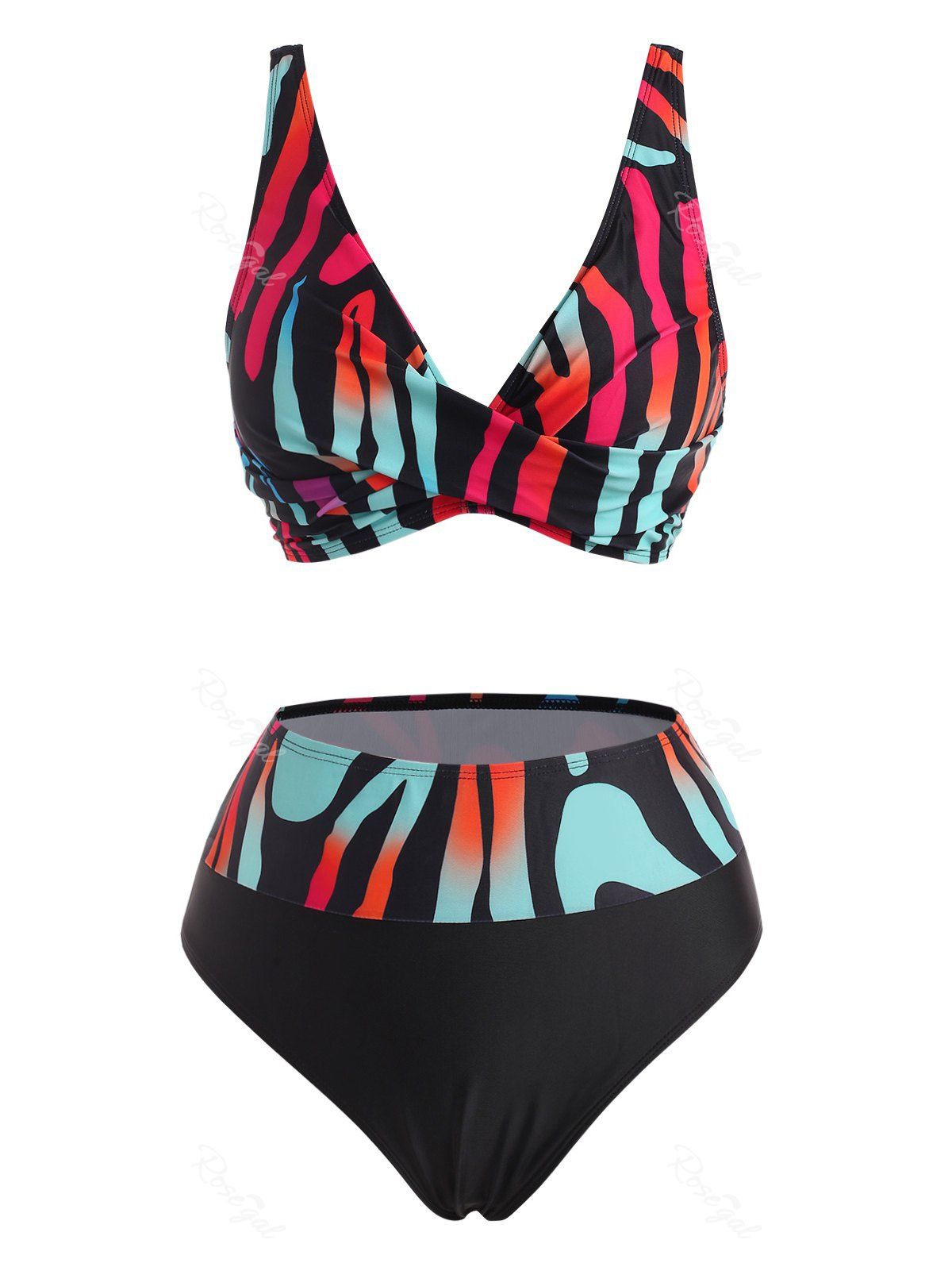 Latest Twisted Colorful Striped Plunging Bikini Swimwear  