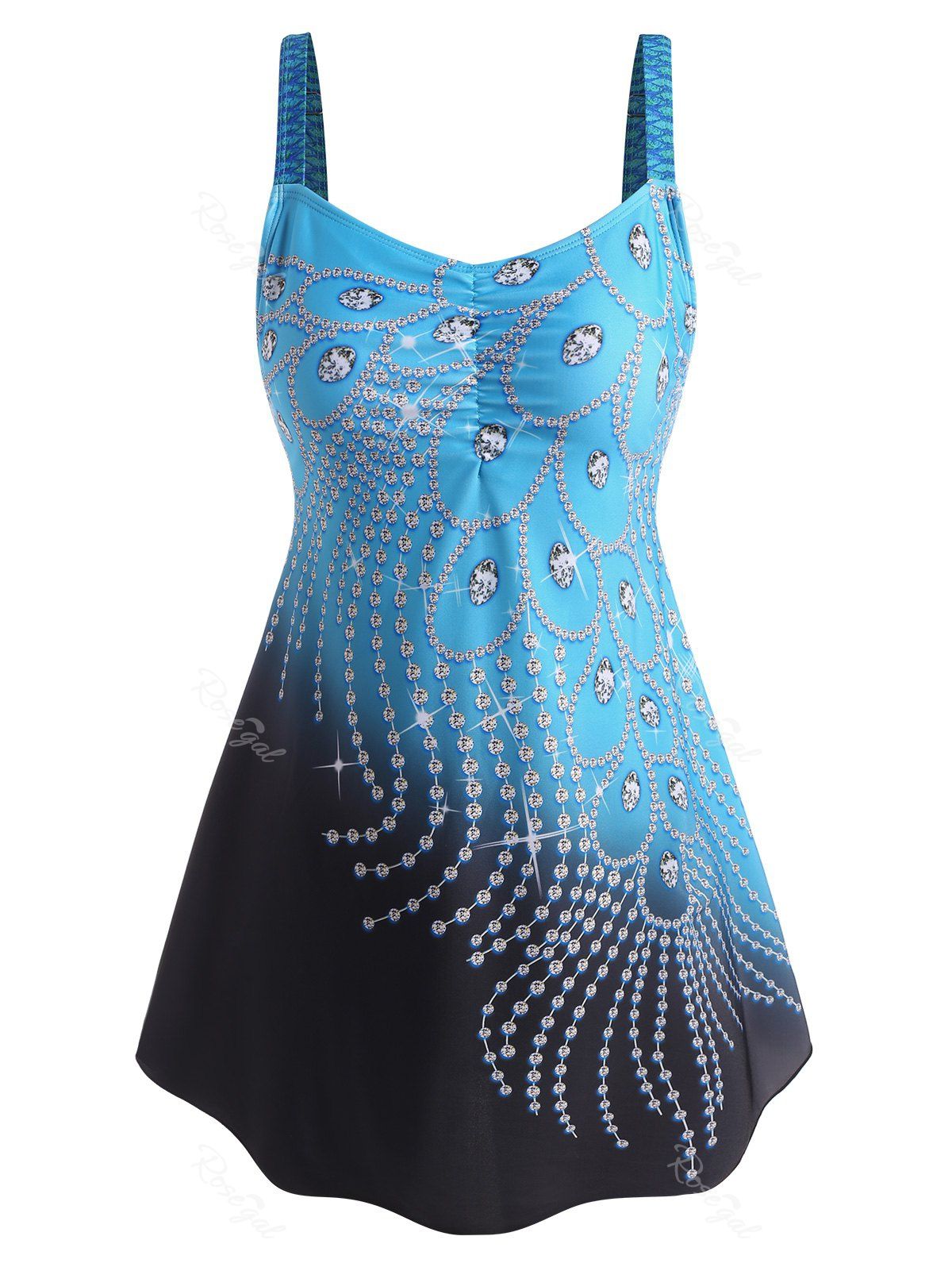 

Ruched 3D Diamond Print Tankini Swimwear, Blue