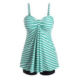 

Knotted Striped Empire Waist Tankini Swimwear, Light green