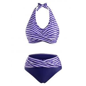 

Halter Striped Foldover Bikini Swimwear, Light blue