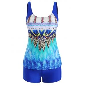 

Leopard Leaf Print Boyleg Tankini Swimwear, Blue