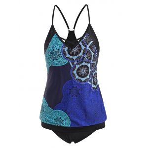 

Criss Cross Flower Print Cinched Racerback Tankini Swimwear, Blue