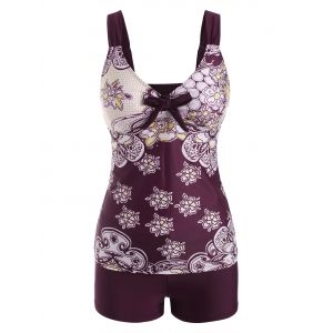 

Knot Flower Print Boyleg Tankini Swimwear, Deep red