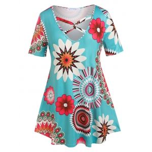 

Plus Size Twisted Floral Print Tee, Light blue