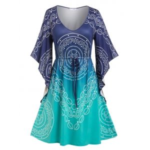 

Plus Size Drawstring Butterfly Sleeve Paisley Print Dress, Multi