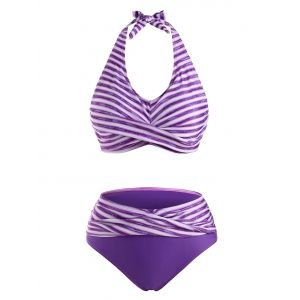 

Halter Striped Foldover Bikini Swimwear, Light purple