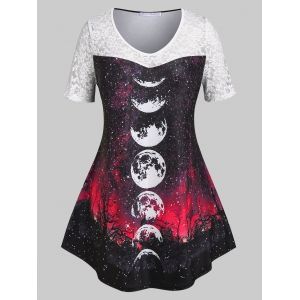 

Plus Size Moon Phase Print Lace Panel T Shirt, Multi