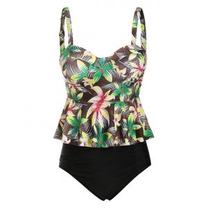 

Floral Peplum Hem Push Up Tankini Swimwear, Deep green