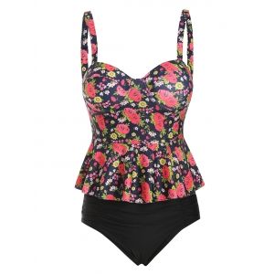 

Floral Peplum Hem Push Up Tankini Swimwear, Red