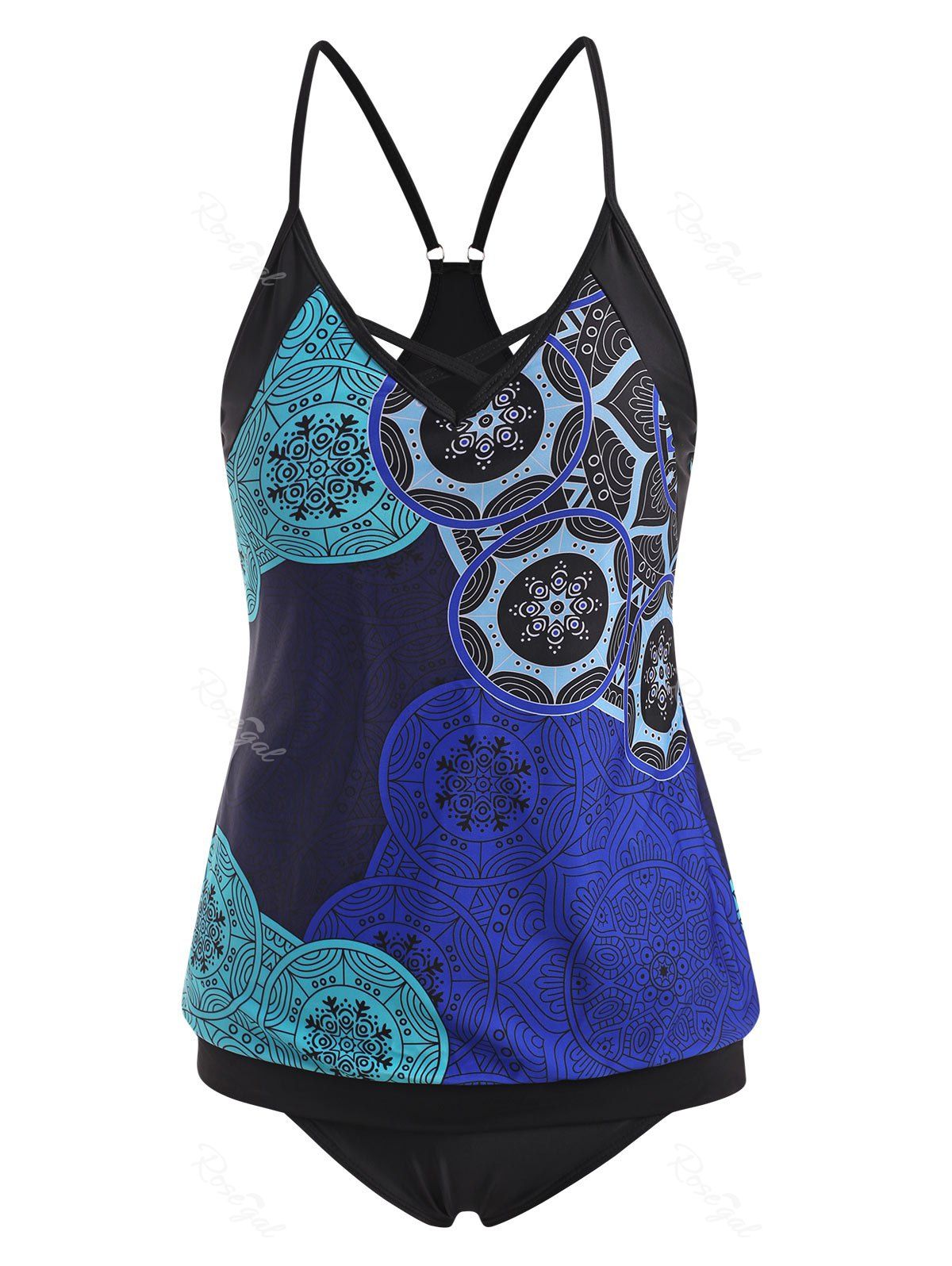 Criss Cross Flower Print Cinched Racerback Tankini Swimwear [28 OFF