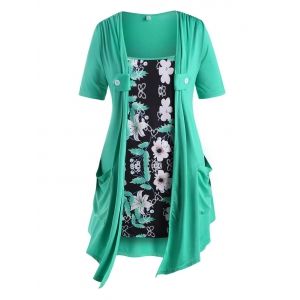 

Dual Pocket Buttoned Floral Panel Plus Size Top, Green