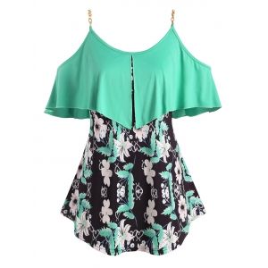 

Foldover Metallic Ring Floral Cold Shoulder Plus Size Top, Green