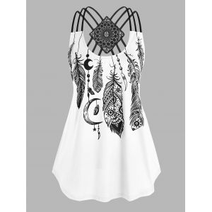 

Plus Size Strappy Feather Print Tank Top, White