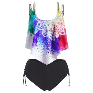 

Bohemian Flower Cinched Flounce Overlay Tankini Swimwear, Multi