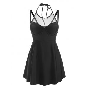 

Mesh Insert Push Up Skirted Tankini Swimwear, Black
