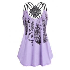 

Plus Size Strappy Feather Print Tank Top, Light purple