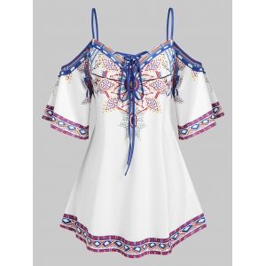 

Plus Size Tribal Print Lace Up Cold Shoulder T Shirt, White