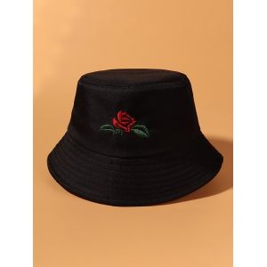 

Rose Flower Leaf Embroidered Bucket Hat, Black