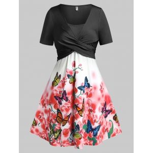

Plus Size Butterfly Floral Print Crossover Dress, Black