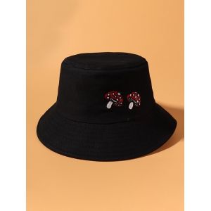 

Cartoon Mushroom Embroidery Bucket Cap, Black