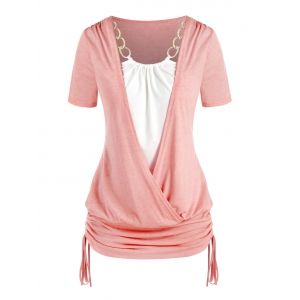 

Plus Size Chains Surplice Cinched Ruched Tie Bicolor Tee, Light pink