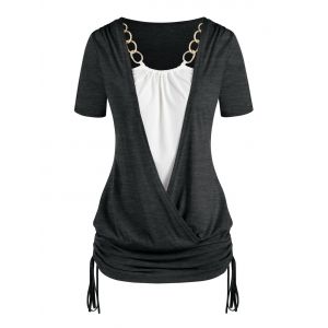 

Plus Size Chains Surplice Cinched Ruched Tie Bicolor Tee, Gray