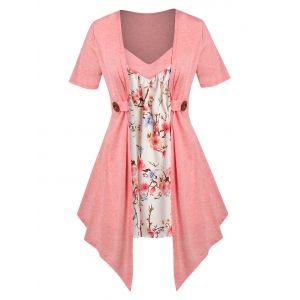 

Plus Size Faux Twinset Floral Print Irregular Tee, Light pink