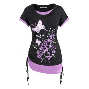 

Plus Size Butterfly Floral Print Faux Twinset Cinched Tee, Light purple