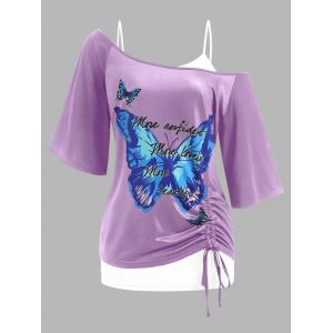 

Plus Size Cinched Skew Neck Butterfly Print Tee and Lace Tank Top Twinset, Light purple