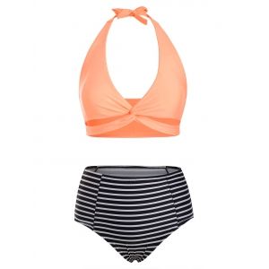 

Striped Twist Halter High Rise Bikini Swimwear, White