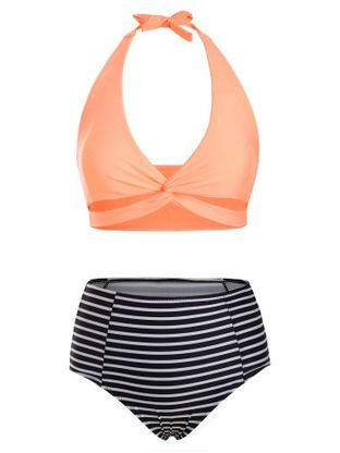 Striped Twist Halter High Rise Bikini Swimwear