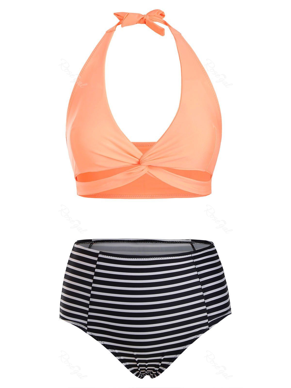 Buy Striped Twist Halter High Rise Bikini Swimwear  