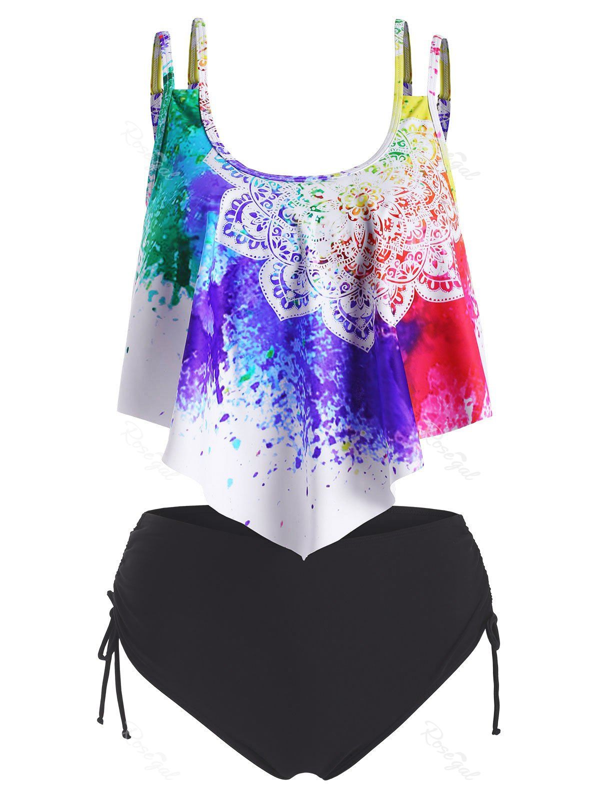 Buy Bohemian Flower Cinched Flounce Overlay Tankini Swimwear  
