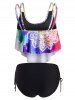 Bohemian Flower Cinched Flounce Overlay Tankini Swimwear -  
