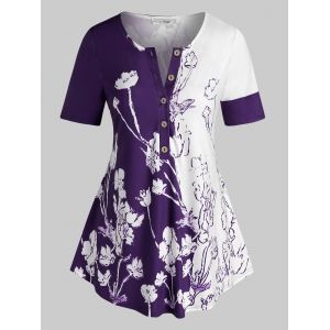 

Plus Size Floral Print Colorblock Half Button Tee, Concord