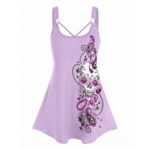 

Plus Size O Ring Paisley Skull Print Tank Top, Light purple