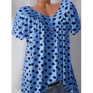 

Plus Size Polka Dot V Neck Vintage Tunic Top, Light blue