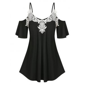 

Plus Size Lace Applique Cold Shoulder Tee, Black