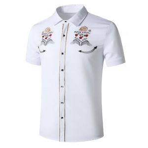 

Skull Rose Flower Embroidered Metallic Thread Shirt, White