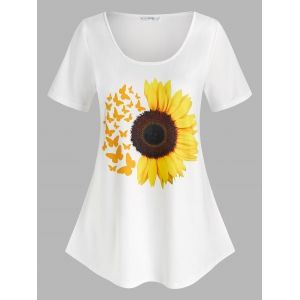 

Plus Size Sunflower Butterfly Pattern T Shirt, White