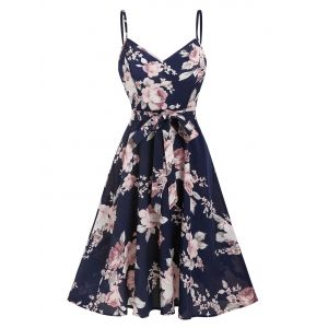 

Bohemian Floral Print Belted Knee Length Dress, Deep blue