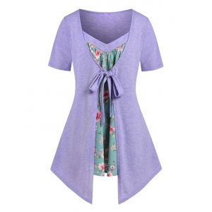 

Plus Size Floral Print Front Tie 2 in 1 Tee, Light purple