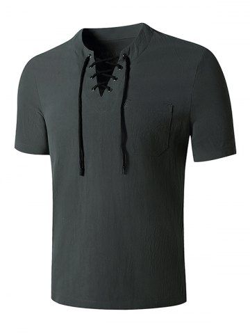Short Sleeve Lace-up Pocket T-shirt - DARK GRAY - M