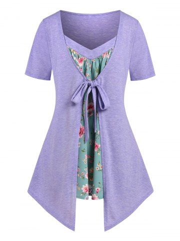 Plus Size Floral Print Front Tie 2 in 1 Tee - LIGHT PURPLE - 4X