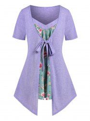 Plus Size Floral Print Front Tie 2 in 1 Tee -  